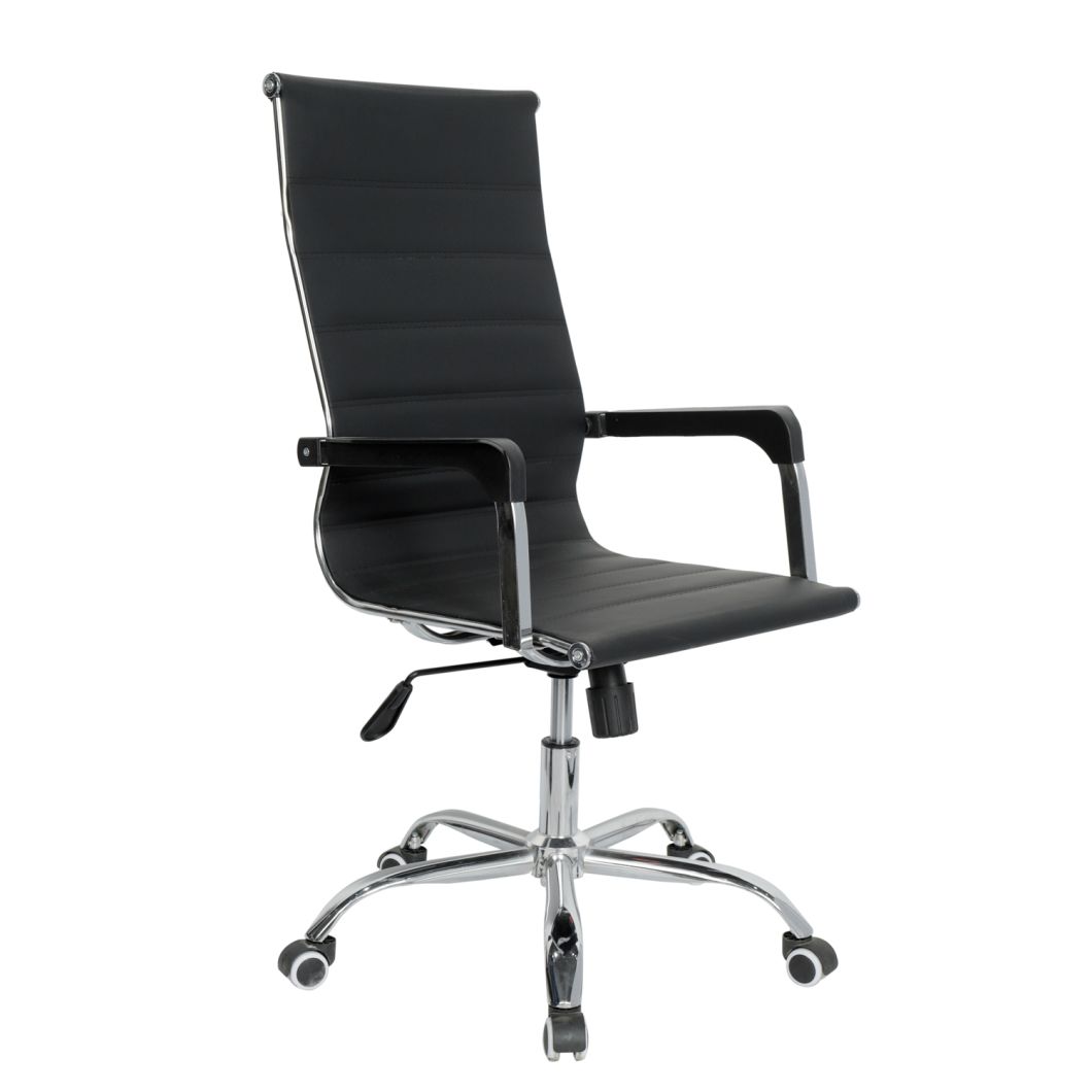 High-Back Black Leather Soft Executive Swivel Office Chair with Chrome Base and Arms