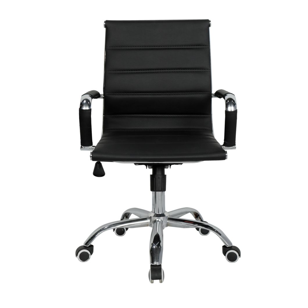 Black Leather Ribbed Swivel Leather Chair Furniture with Spring-Tilt Control and Arms
