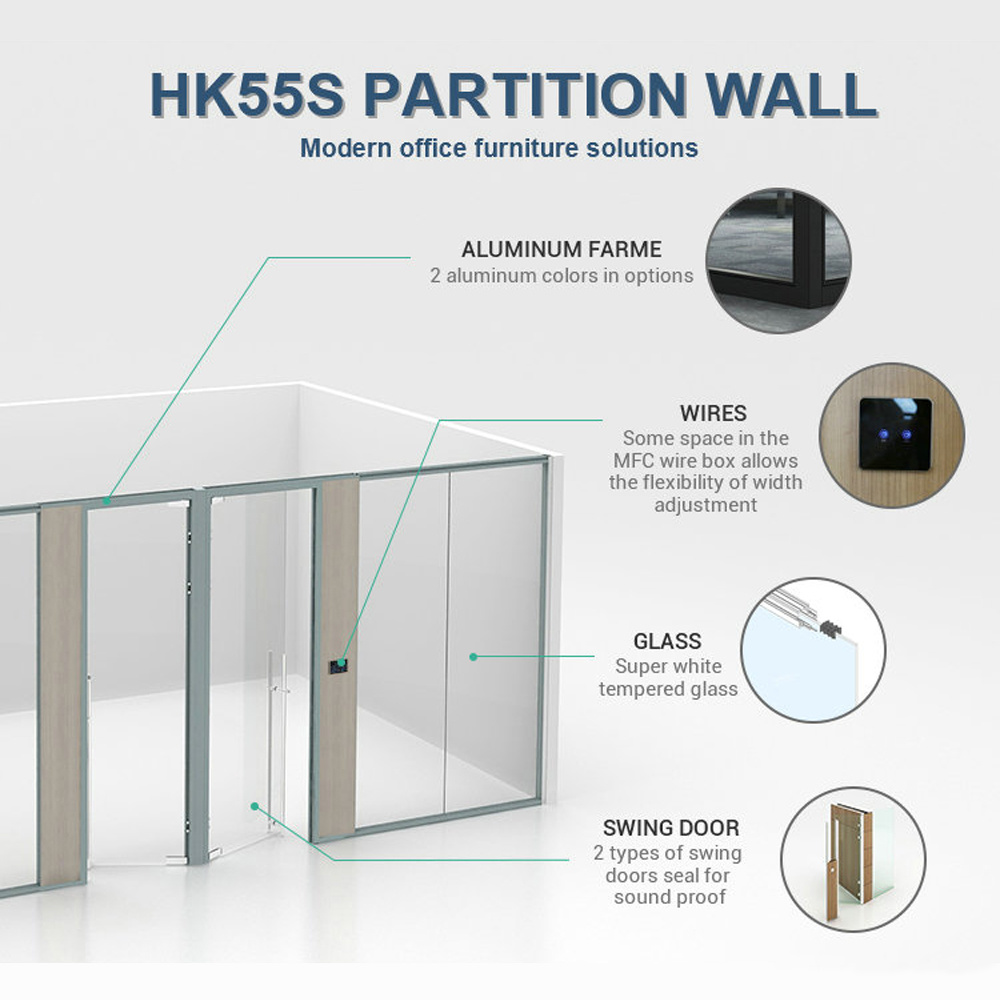 Commercial Acoustic Wall Aluminium Frame Office Partition Tempered Glass Partition